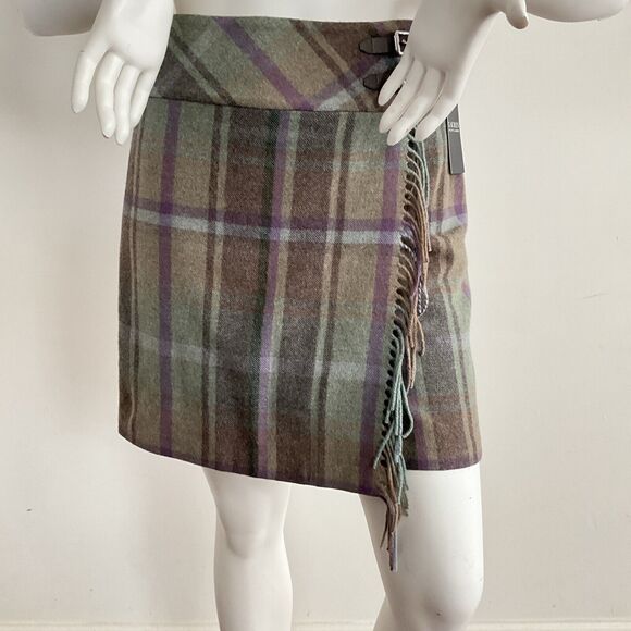 Lauren Ralph Lauren Skirt Plaid Wool Blend Black Label Faux Wrap Fringe 14 - Picture 4 of 9